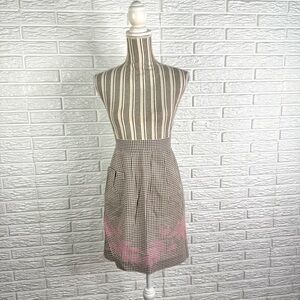 Vintage Handmade Brown & White Gingham Half Apron with Pink Cross-Stitch